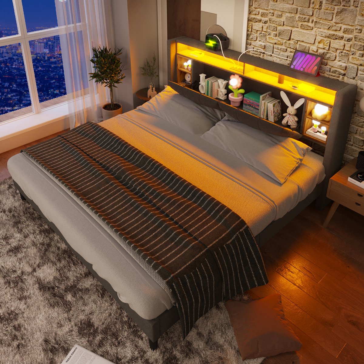 Bedframe - 140x200 Cm - Bed - Met Opbergruimte - LED - USB C - Grijs - Zonder Matras
