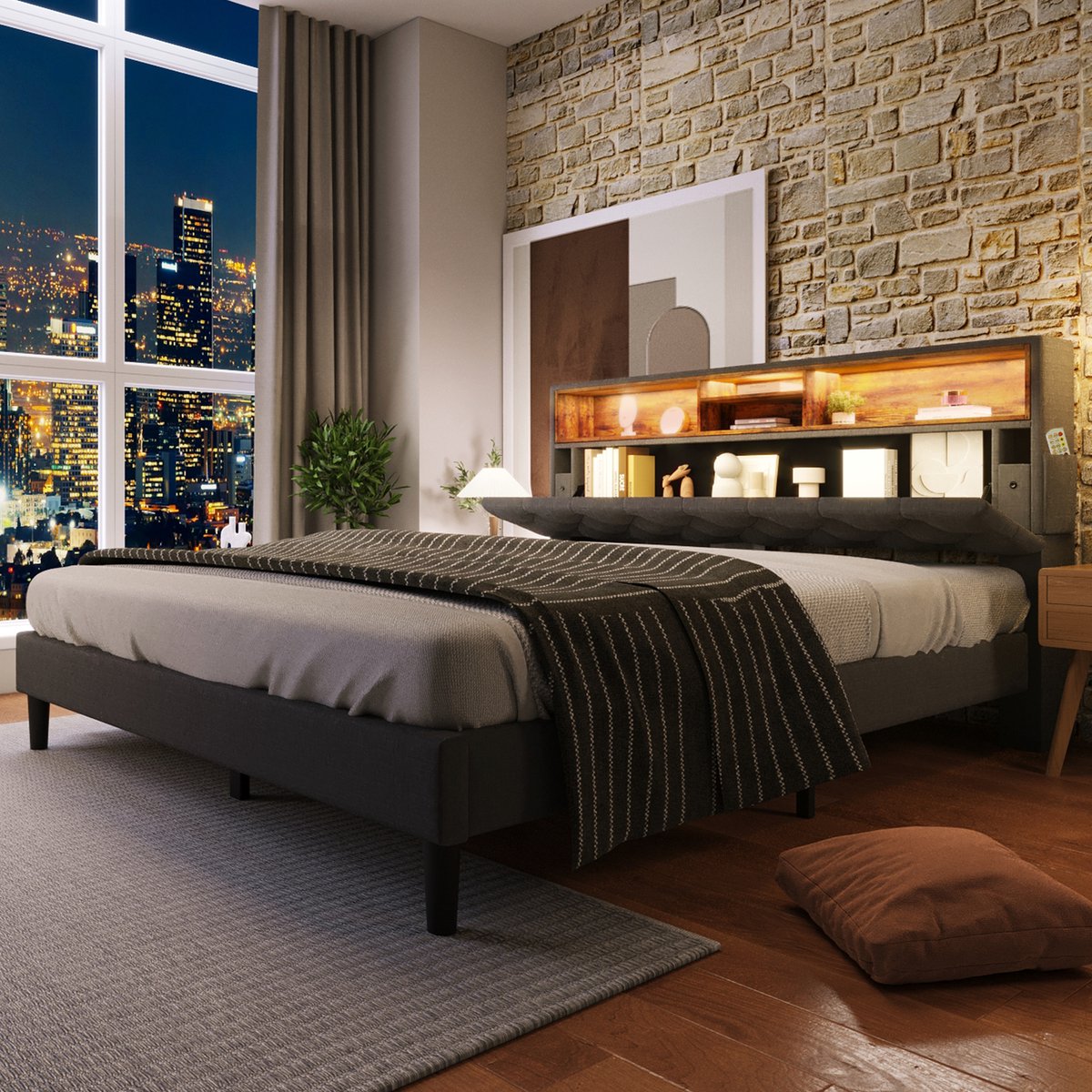 Bedframe - 140x200 Cm - Bed - Met Lattenbodem - Met Opbergruimte - LED - Grijs - Zonder Matras