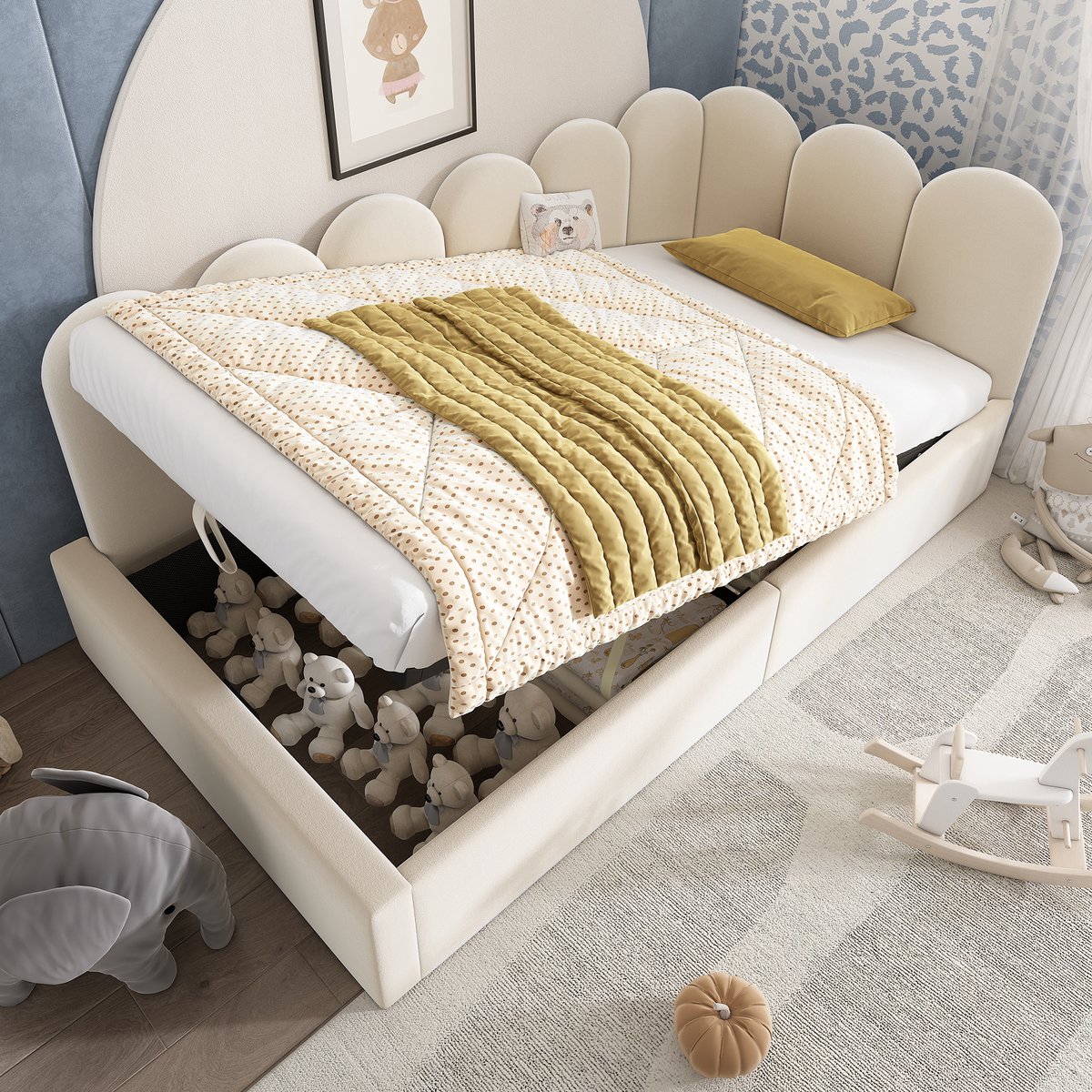 Bedbank - 90x190 Cm - Bed - Met Lattenbodem - Met Opbergruimte - Beige - Zonder Matras