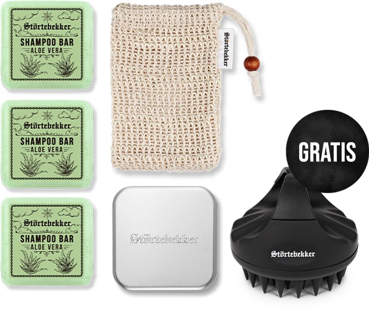 Störtebekker® Premium Douche Set Hair Aloë Vera - Shower Set Heren met milde, zachte geur - 3x Vaste Shampoo (100g), Sisal Washandje, Zeepdoos & GRATIS Siliconen Hoofdhuidborstel - Vegan - Handgemaakt in Nederland