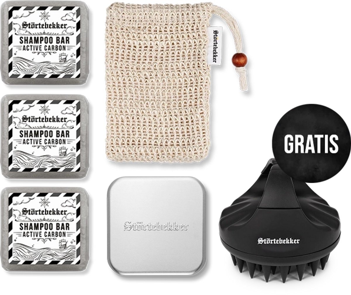 Störtebekker® Premium Douche Set Hair Active Carbon - Shower Set Heren met Diepe Reiniging voor Vette Hoofdhuid - 3x Vaste Shampoo (100g), Sisal Washandje, Zeepdoos & GRATIS Siliconen Hoofdhuidborstel - Handgemaakt in Nederland