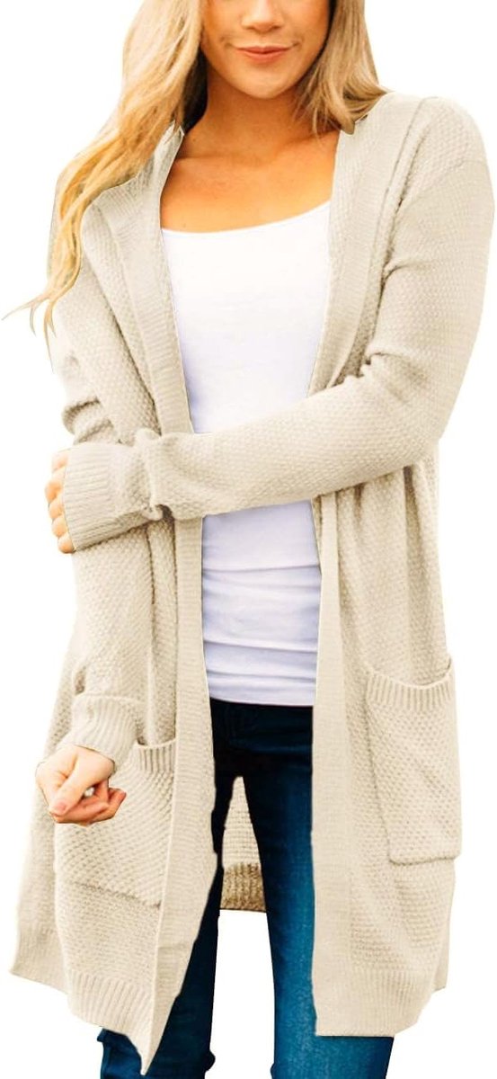 Long Cardigans for Women 2025 Fall Winter Hooded Long Sleeve Open Front Sweaters with Pockets A-Beige