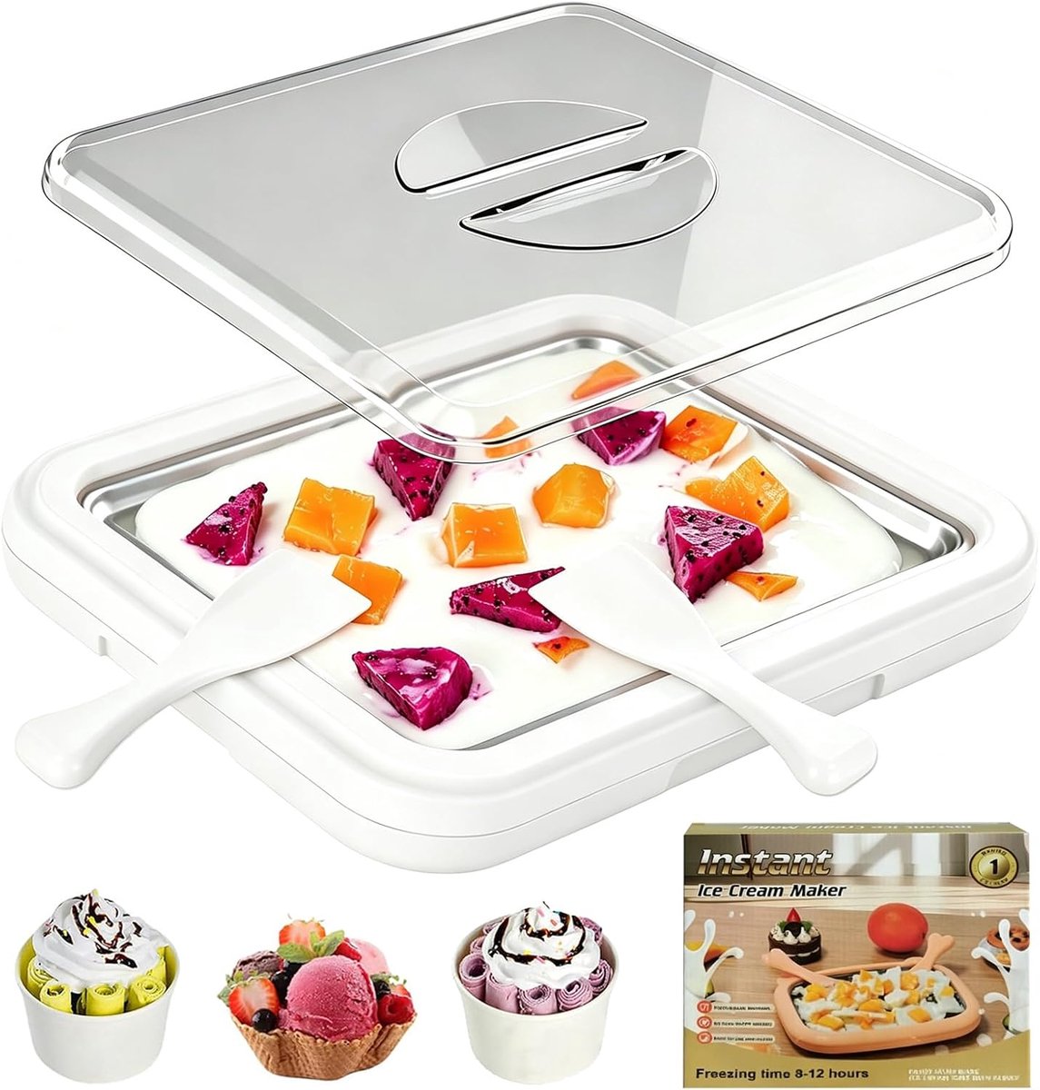 Roll Maker Set, met een Transparant Deksel en 2 Spatels, DIY Instant Ice Cream Roller Pan voor Volwassenen en Kinderen, Maken Rolled Cream, Frozen Yoghurt, Gelato, Sorbet (Wit, L)