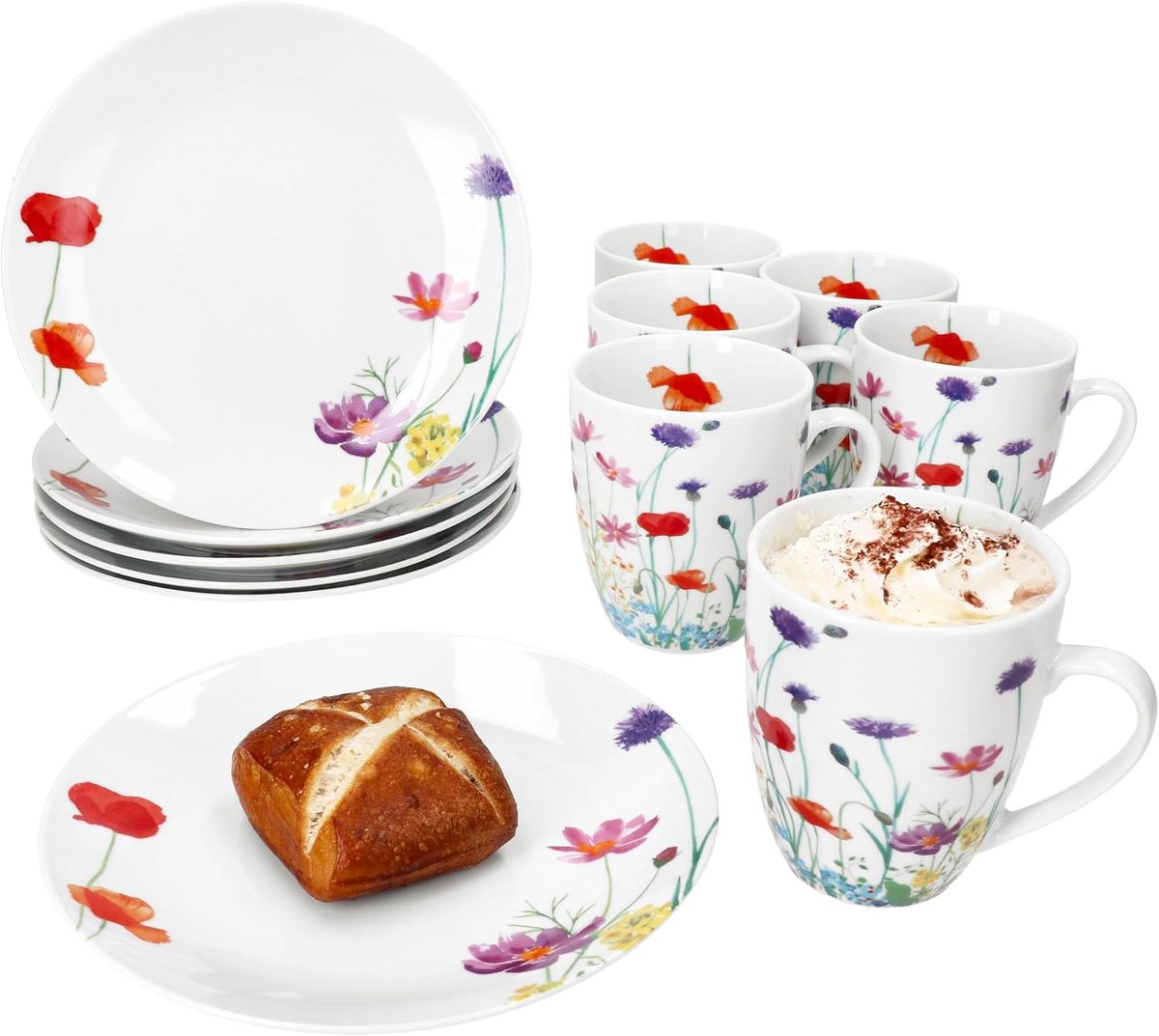 Marie 12-delige ontbijtset, porseleinen servies met bloemenweide-decoratie voor 6 personen, 6 x borden en bekers 320 ml voor ontbijt- en koffietijd