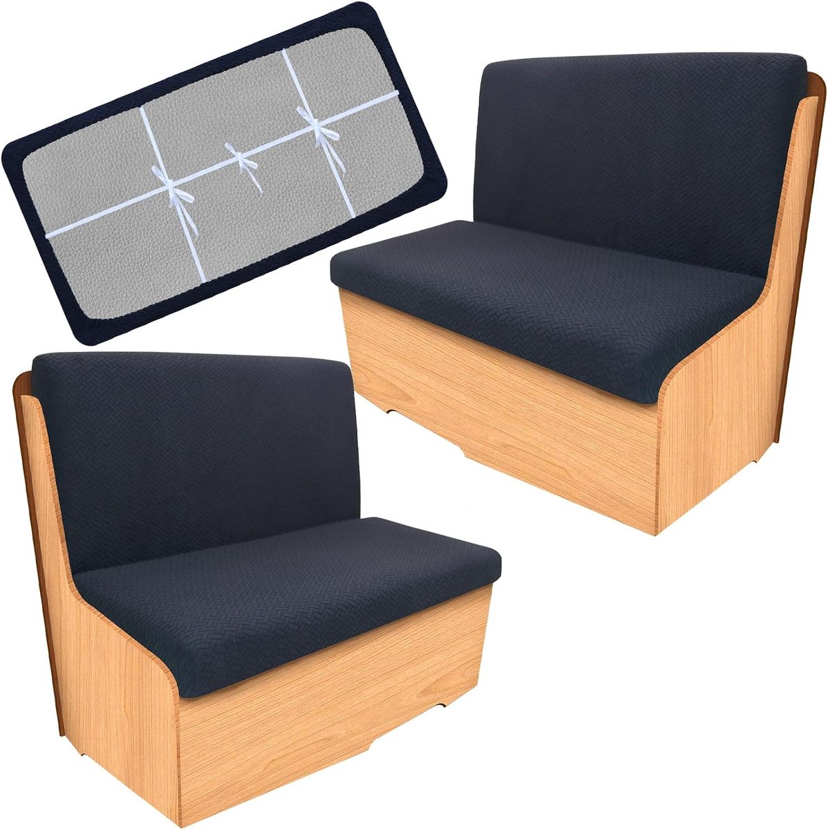 Set van 2 dinette-stoelhoezen voor campers met elastische banden, machinewasbaar, rekbaar en zacht, voor kampeerbank- en rugleuninghoezen - zwart met 6 antislipbanden