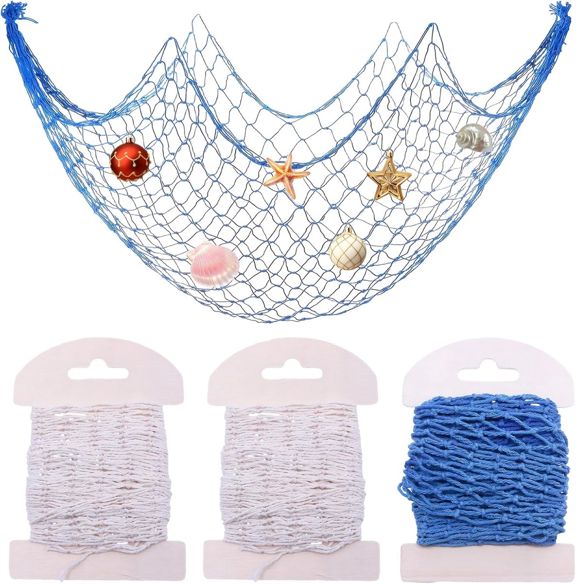 Visnet, 3 stuks, 100 × 13 cm, decoratie, decoratief net voor zee, oceaanstijl, mode, verfijnd voor kamer, woonkamer, fotoshoots, bruiloft, wanddecoratie (blauw en beige)