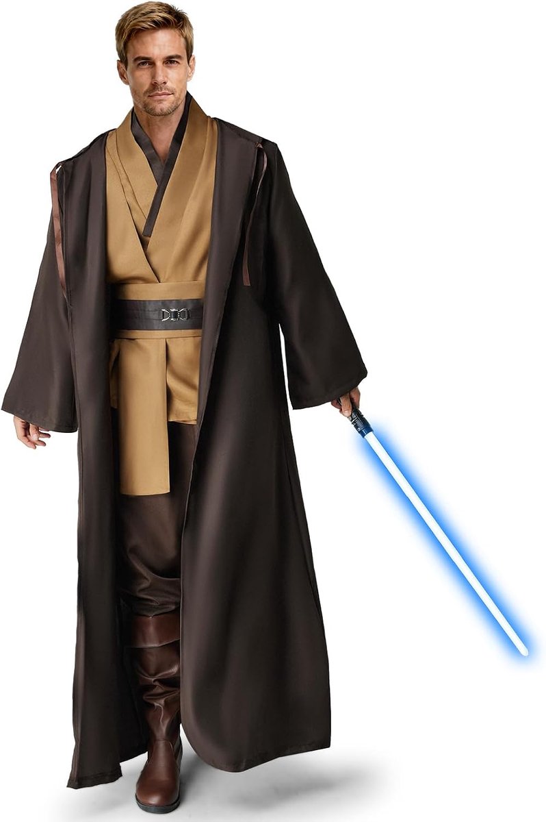 Jedi-kostuum voor heren, jedi-gewaad, set jedis-outfit, volwassenen, voor volwassenen, met blauwe lichtzwaar, capuchon en middeleeuwse tuniek voor Halloween, carnaval
