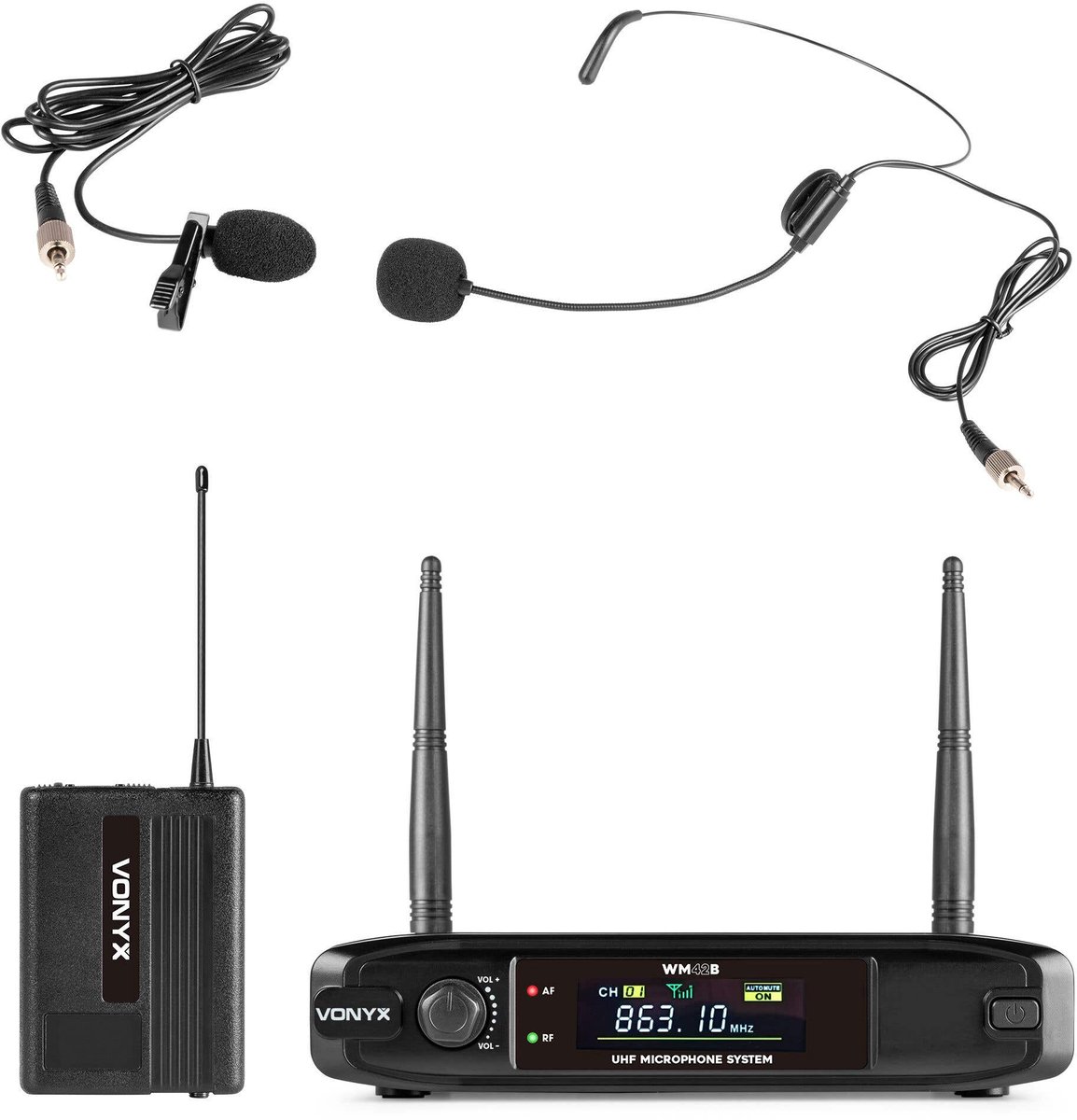 Draadloze microfoonheadset - Vonyx VM42B - UHF-microfoonset met dasspeld en headset - Zang en spraak