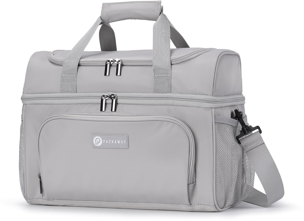 Packaway Koeltas 30L - Lunchtas - Inclusief 4 Koelelementen - Dubbel Compartiment - 4-Laags Geïsoleerd - Waterafstotend - Modern Grey