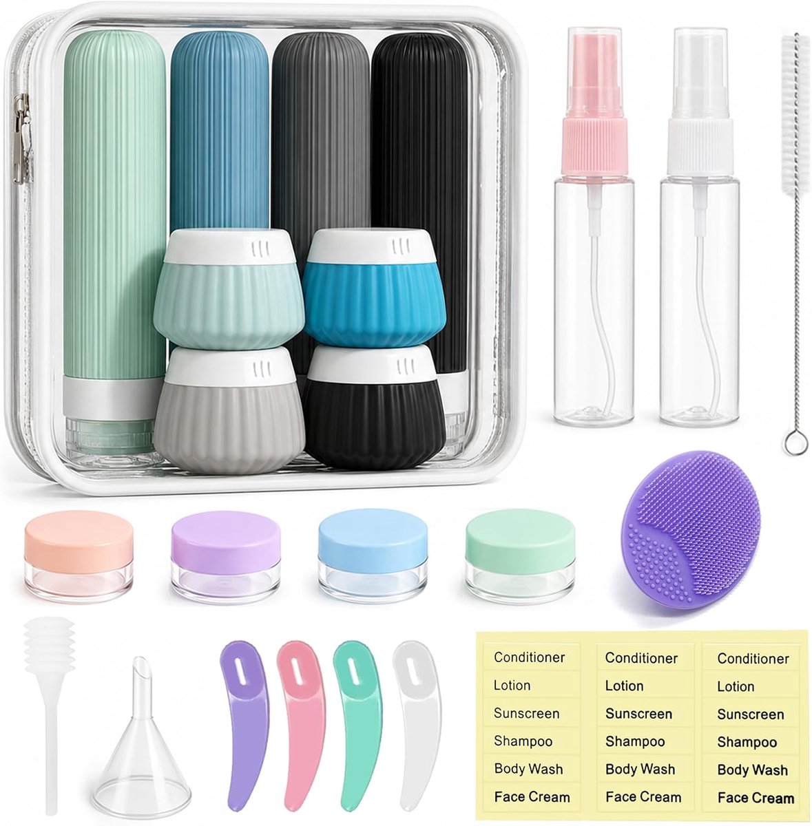 Reisflessen om te vullen, 23 stuks, siliconen reisflessenset, reisset, vloeistoffen, lekvrij, Travel Essentials vulflessen reizen voor vakantie, handbagage met reisgadget (blauwe tinten)