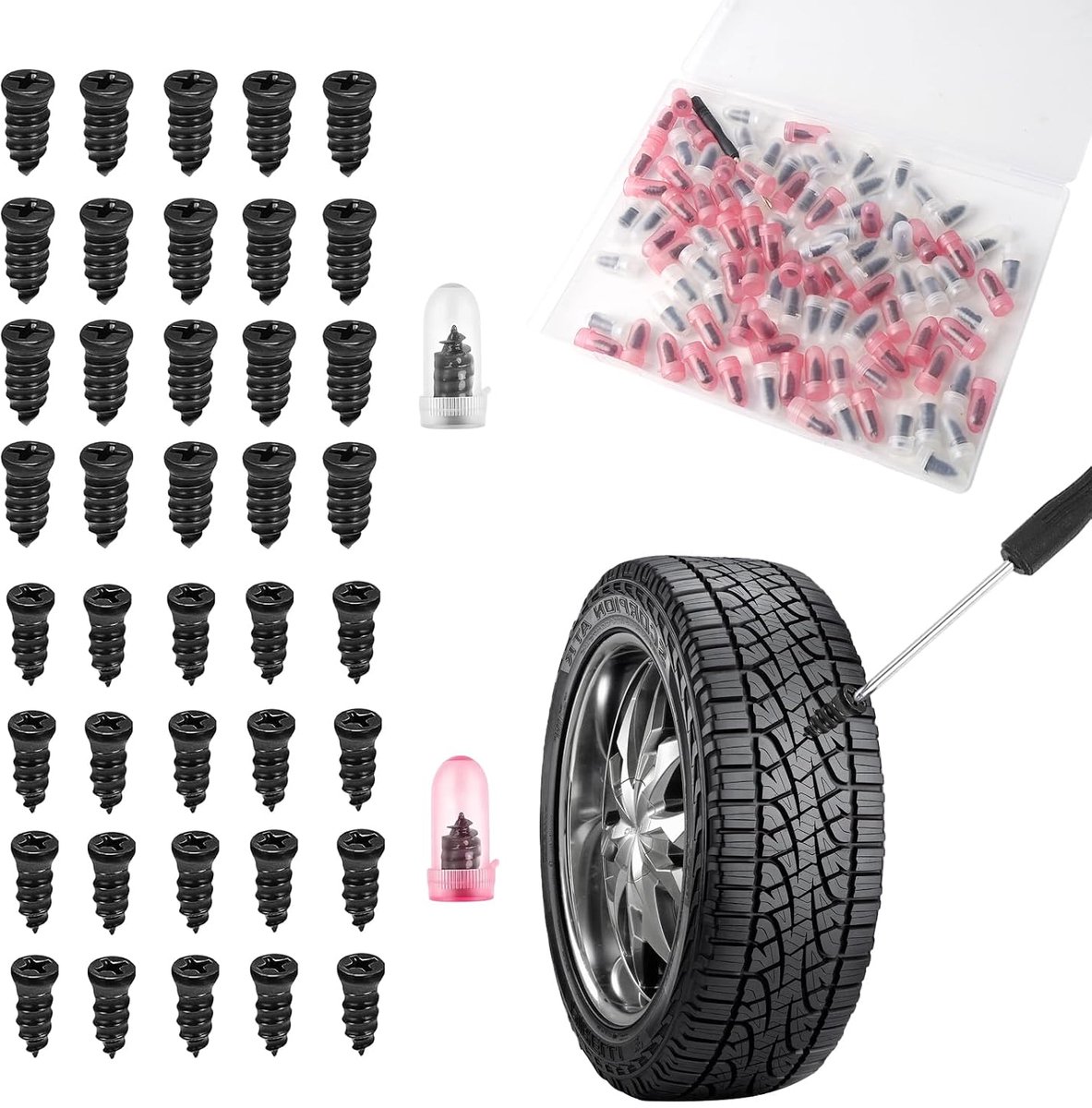 Bandenreparatiespagel, 100 stuks, bandenreparatieset auto met schroevendraaier, bandenreparatie rubberen nagels, bandenreparatieset, rubberen nagels voor tubeless motorfiets banden