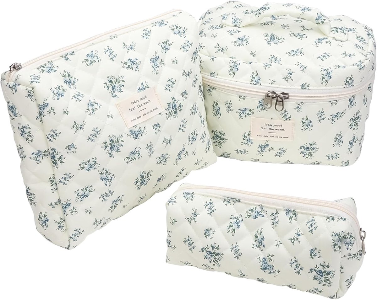 3 stuks make-uptas, bloemenpatroon, grote capaciteit voor make-up, draagbare make-uptas, gewatteerde toilettas, reizen toilettas, zacht katoen, strikprint, Blauw B, S, Klassiek