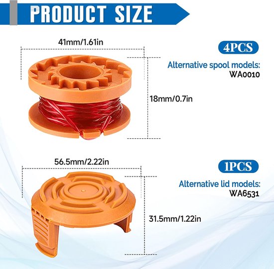 4 stuks vervangende grastrimmer-spoel compatibel met Worx WA0010, Autofeed nylon lijn voor Worx WG151 WG154 WG155 WG160 WG163 WG175 WG180, vervangende dop WA6531,1,65mm x 3,04m (4 spoel + 1 — afbeelding 5