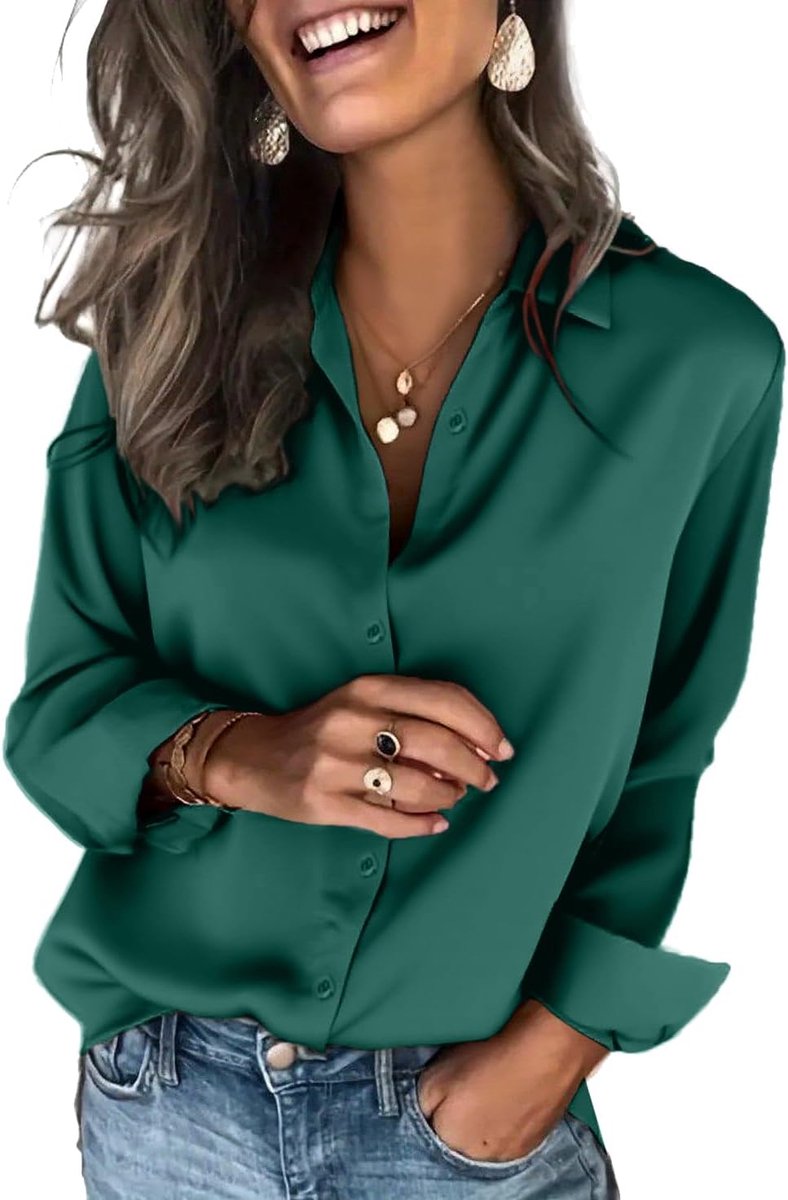 Satijnen blouse voor dames, lange mouwen, button-down-shirts, zacht, elegant, V-hals, casual, kantoor, werk, tops, S-XXL
