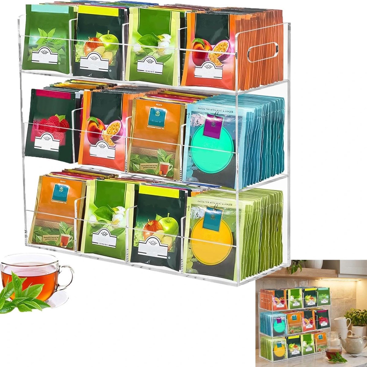 Theezak-organizer van transparant acryl, 12-voudige theedoos voor 200+ theezakjes, stapelbare thee-opslag met deksel, ruimtebesparende theezakhouder voor eetkamer, keuken en werkblad