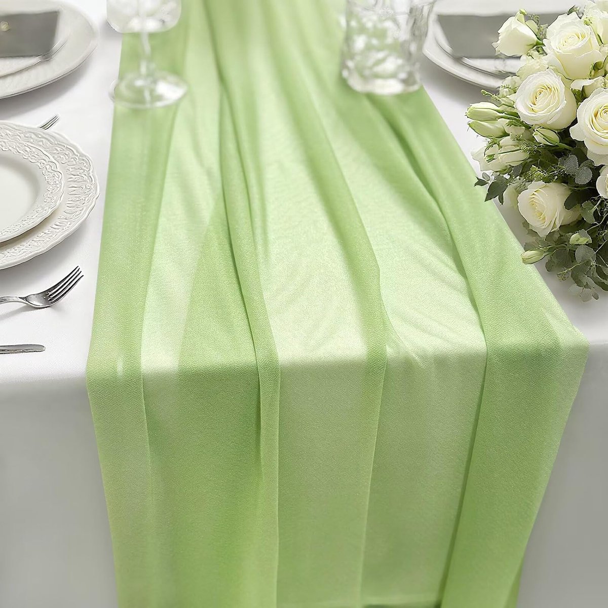 Tafelloper saliegroen 70x300cm 1 stuk, tafelloper stoffen tafeldecoratie, decoratieve tafelloper bruiloft voor bruiloftdecoratie, tafeldecoratie verjaardag, babyborrel