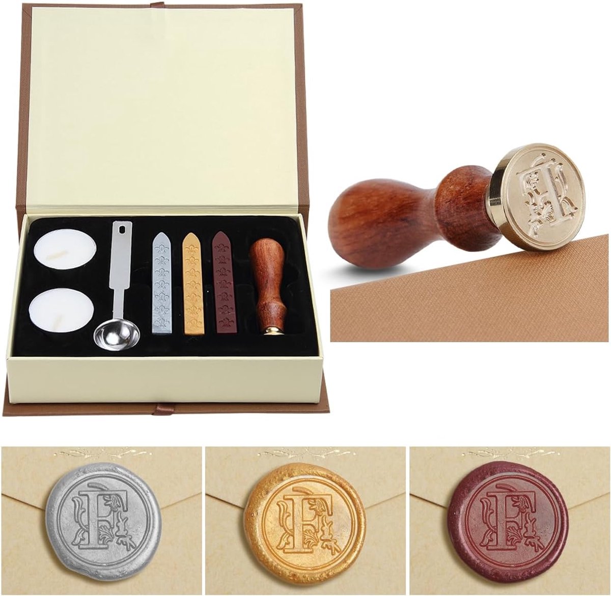 Goud Set, reliëfstempel, antieke wasstempel, gepersonaliseerde initialen alfabet set, cadeau met vintage houten handvat en messing gekleurde kop, zegelstempel, wasset, geschenkdoos (F)