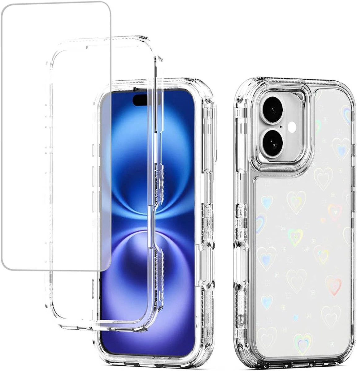 Hoesje voor iPhone 16 Plus Case, Apple 16Plus Hoesje met Gegoten Glas Schermbeschermer, Holografisch Patroon Helder Volledig 3-laags Beschermend Telefoonhoesje voor iPhone 16 Plus Hart