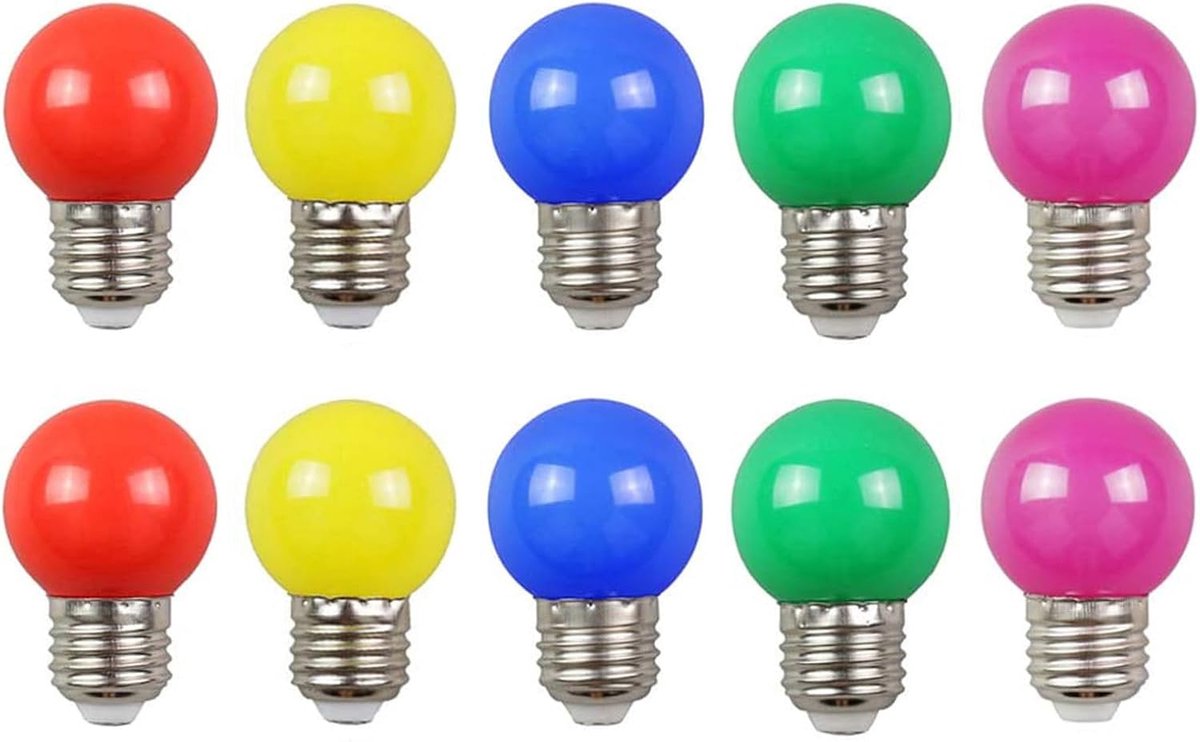 Led-gloeilamp, gekleurde gloeilamp, 2 W, G45 led Golf Ball gloeilamp, equivalent 20 W, AC 220-240 V, Edison schroefgloeilamp, niet dimbaar, 10 stuks (rood, geel, groen, blauw, paars)