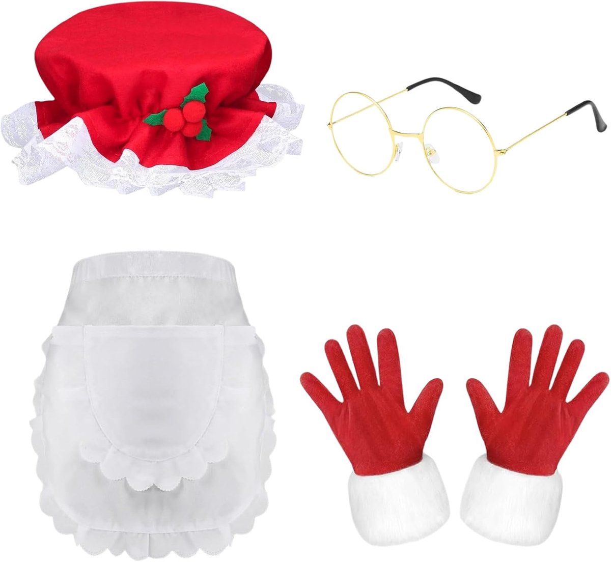 4 stuks kostuum kerstman dames, kerstmuts, schort, handschoenen, bril, kerstman, serveerster kostuum voor Kerstmis, carnaval, feest
