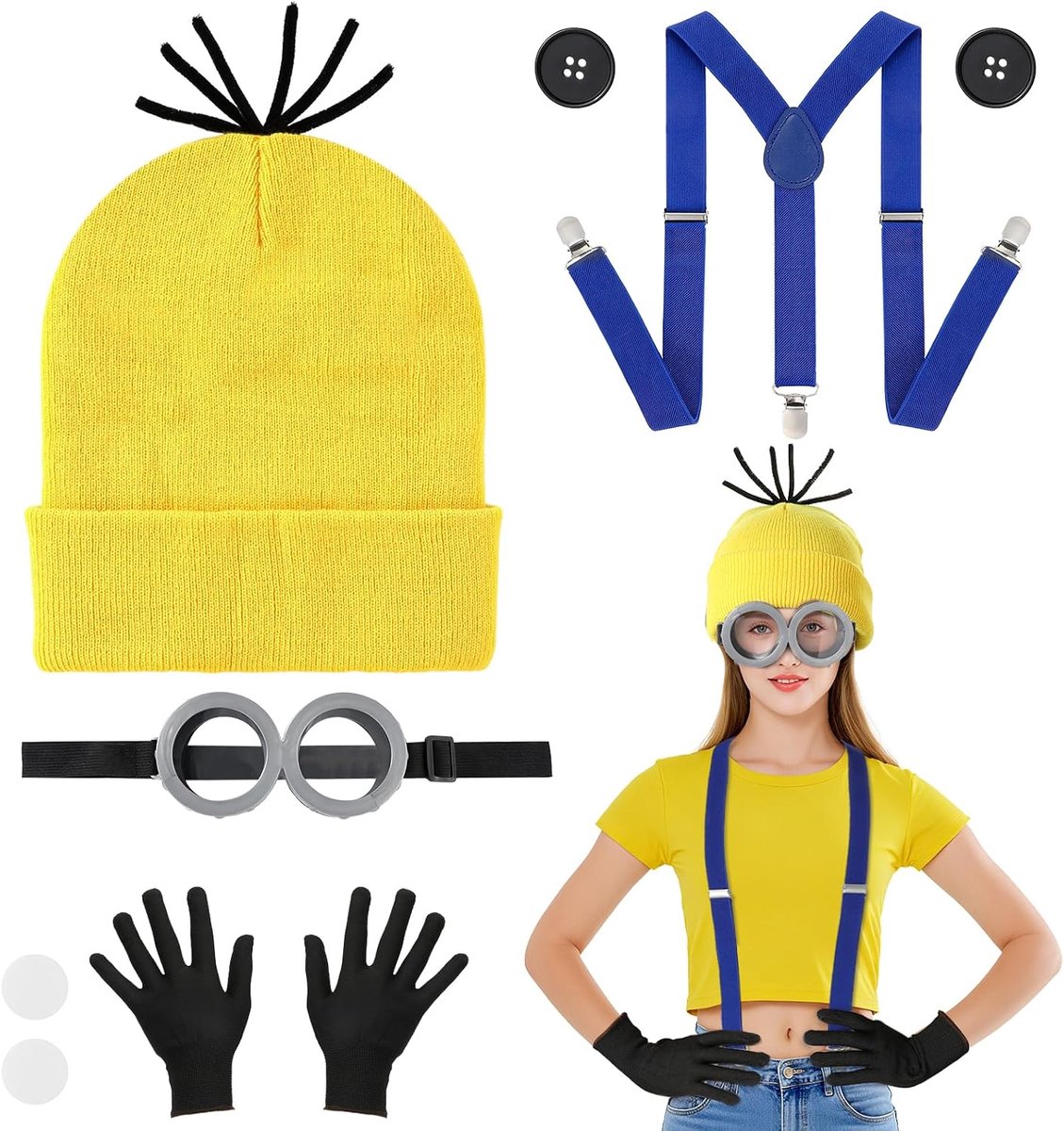 5 stuks gele Halloween-kostuums voor volwassenen, grote ogen, steampunk-bril, gele mutsen, zwarte handschoenen, bretels, knopen, filmkostuums, accessoires voor Halloween, carnaval, kostuum