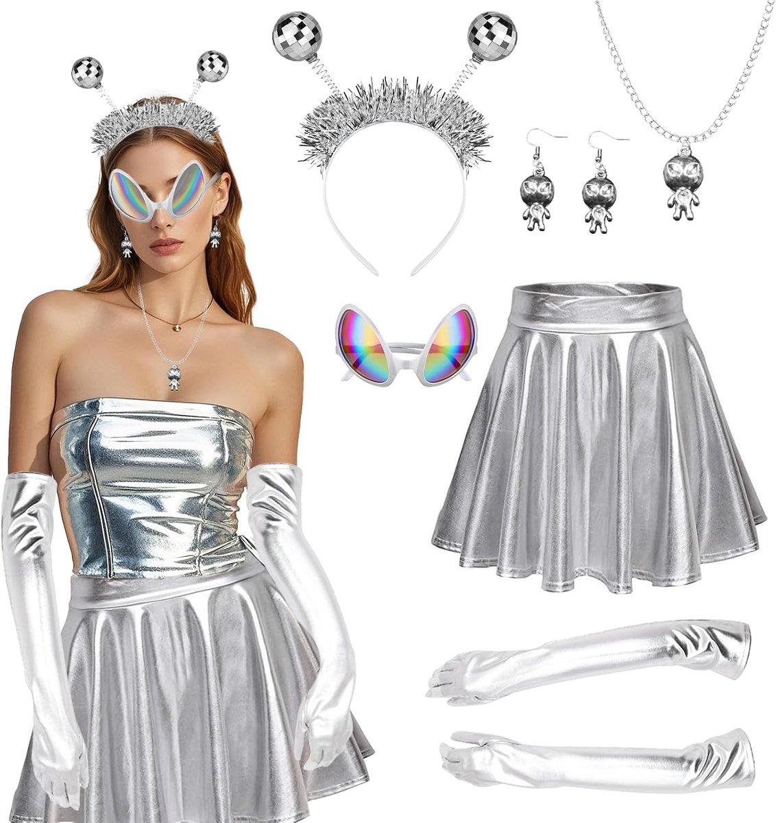 6 stuks Alien kostuum voor dames, Space Girl kostuum voor dames, ruimte met Alien glitterrok, haarband, bril, handschoenen, oorbellen, halsketting, accessoires voor carnaval, maskerade