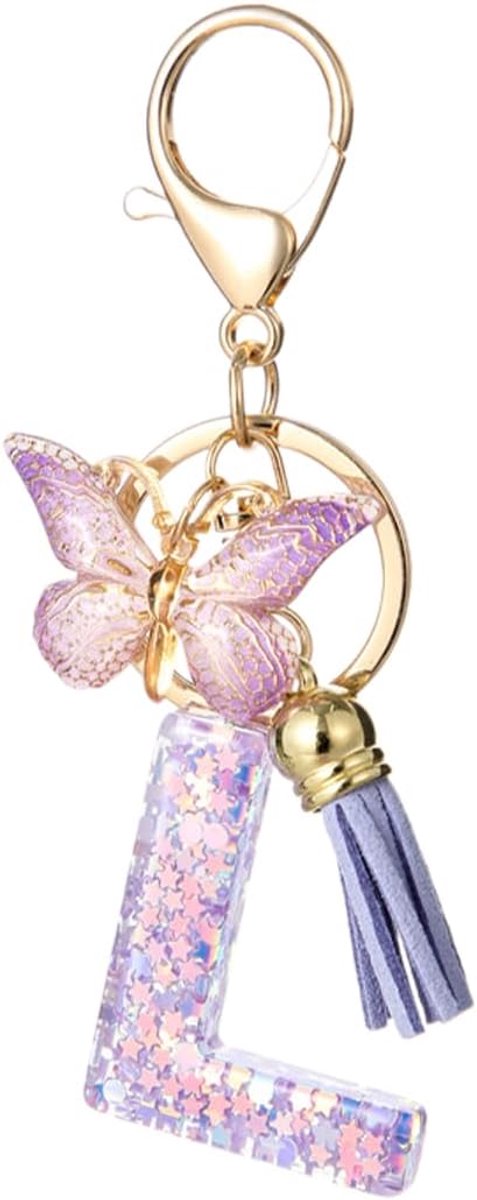 Dames, alfabet sleutelhanger, initialen, vlinderhanger, sleutelhanger voor tienermeisjes (paars, L)