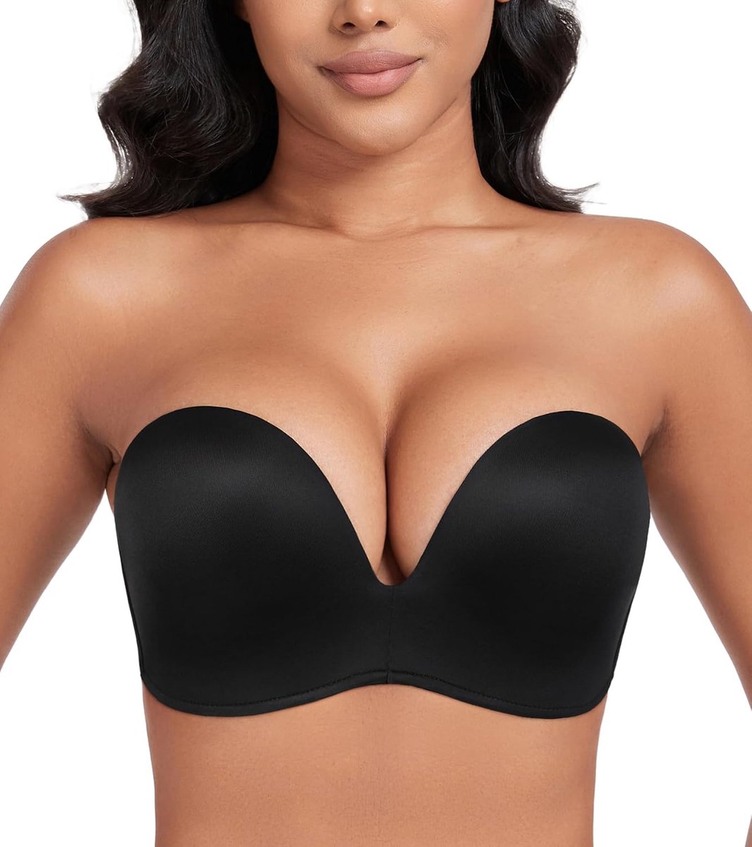 Push-up beha voor dames, vleugeldesign, strapless beha, comfort zonder beugels, onzichtbare beugelloze anti-slip beha, zwart, 90C