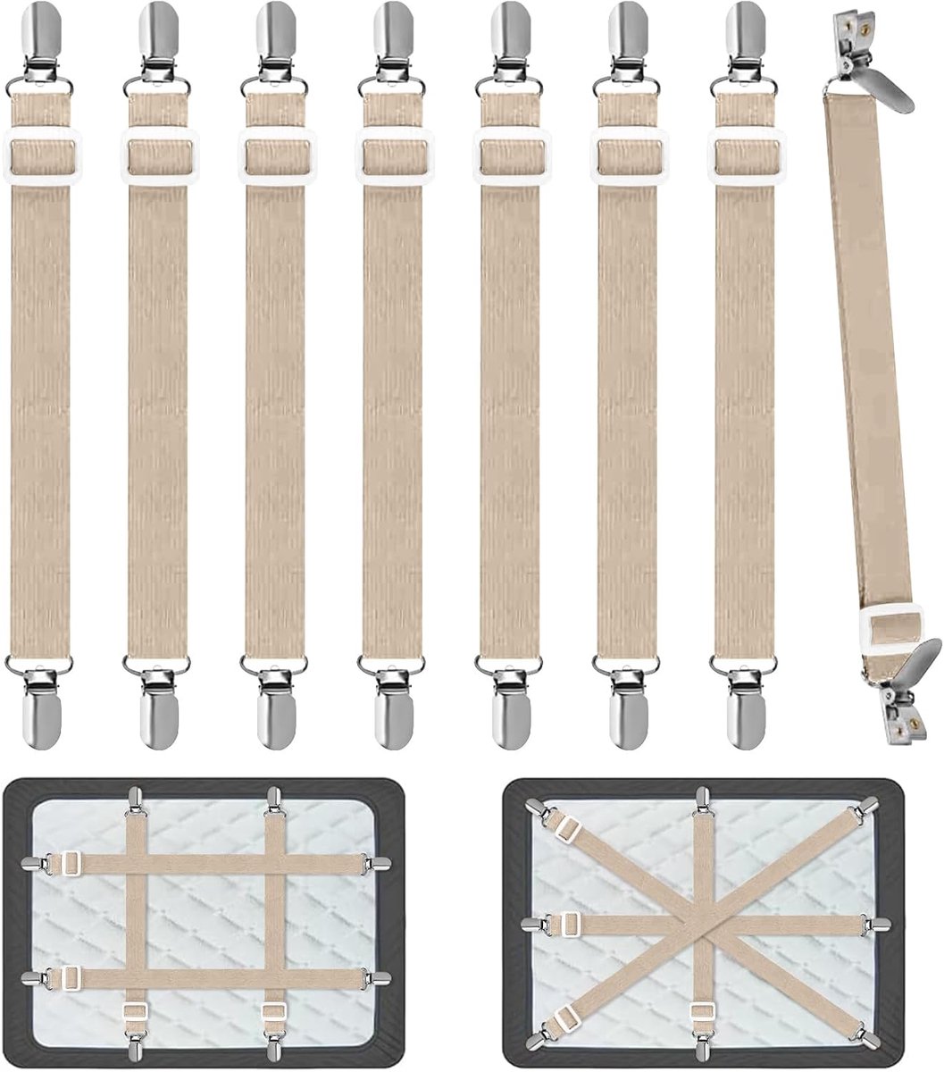 Verstelbaar, 50-230 cm, elastische bedlakensluitingen, lakspanners om op te houden, voor matrassen, strijkplank, bank (kaki)