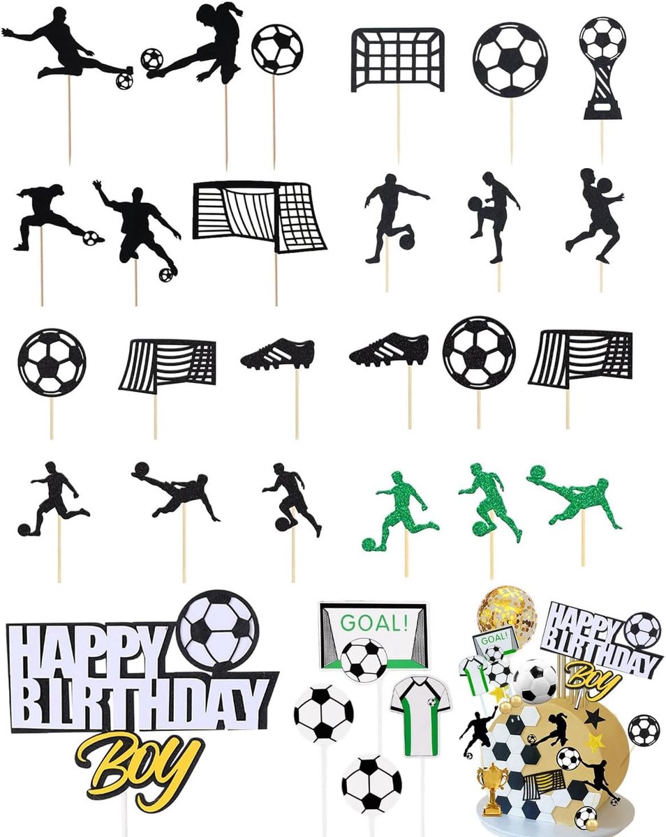 Taartdecoratie, 30 stuks taarttoppers voetbal, voor verjaardag kinderen, jongen thema, voetbal verjaardagstaart figuren - S