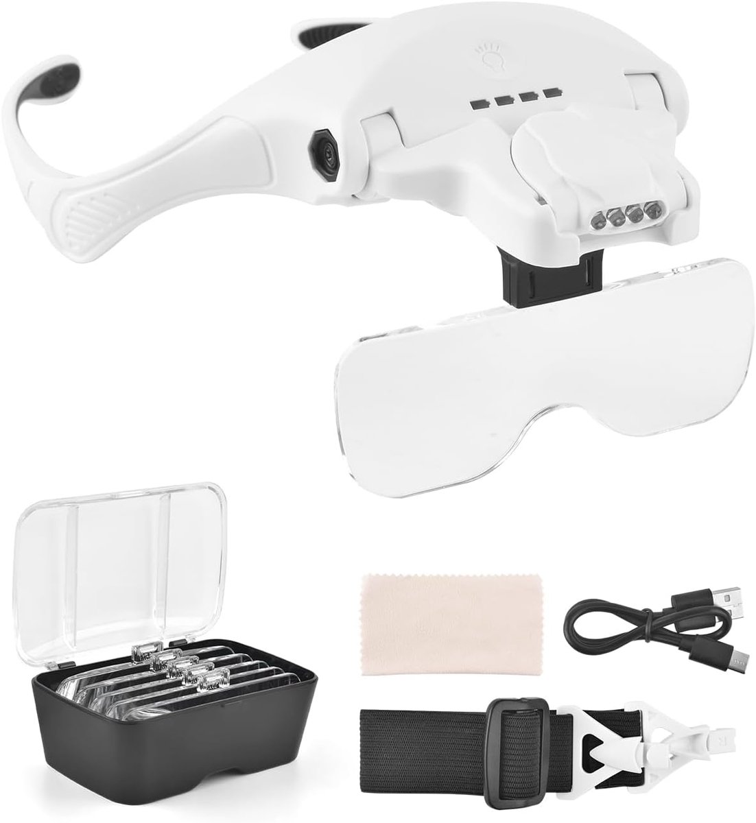 Vergrotingsbril, vergrootglas, USB-opladen, met 4 leds, licht en aanraakschakelaar, hoofdlamp voor het lezen van sieraden, borduurwerk, diamantschilderen