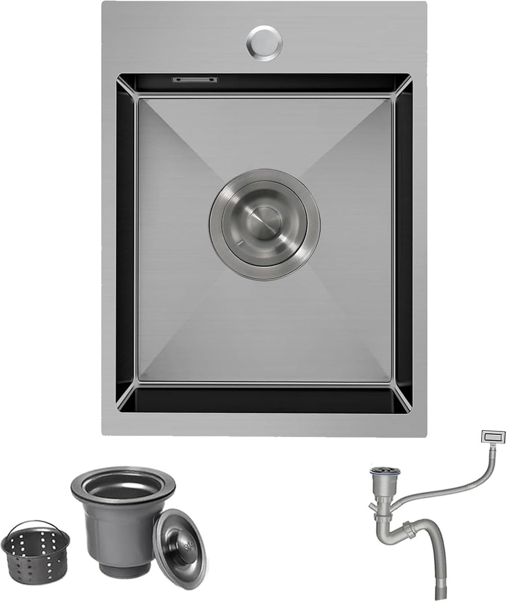 Kleine gootsteen, roestvrijstalen gootsteen 30 x 40 cm, drop-in topmount enkele kom met 1 kraangat, mandzeef afval- en overloopkit, 1 kom, compact rechthoekig