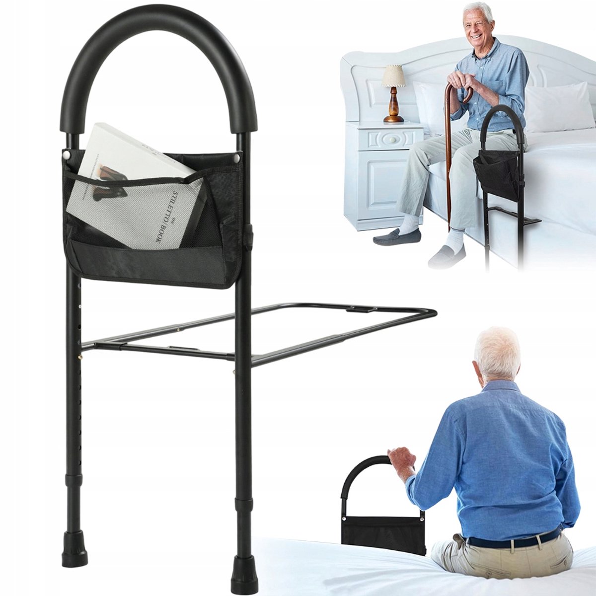 Bedbeugel Verstelbaar - Antislip Bedrek - Bedsteun - Opstahulp Voor Bed - 77-101 cm - ToT 150 kg - met Opbergtas & Zuignappen - Bedhulp - Voor Ouderen en Zieken