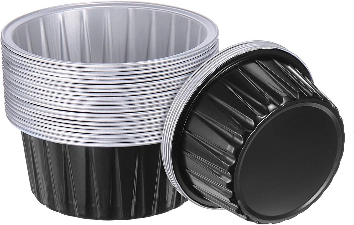 Zwarte cupcake-bekers, 25 stuks, standaard cupcake-vormpjes, aluminiumfolie, 15 ml, wegwerp-cupcake-vormpjes voor desserts, benodigdheden voor verjaardagsfeesten, bruiloftsdecoraties