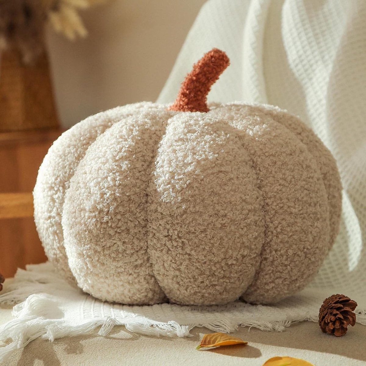 Pompoenkussen, kussen pompoenvorm, crèmewit decoratief kussen, pompoen kussenslopen herfst sierkussen, esthetische bankkussens, beddecoratie kussen, rond, voor kinderen, slaapkamer