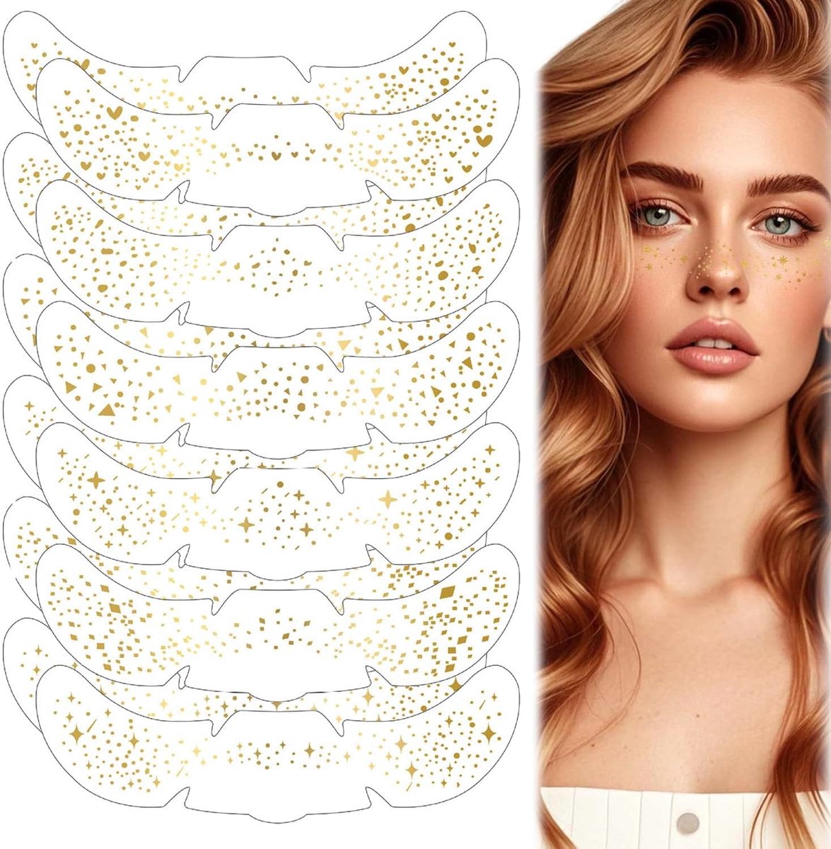 12 vellen glitter freckles tatoeages, gouden sproeten pleisters voor tijdelijke kunst, waterdicht lichaam op feestjes, festivals en glamoureuze make-up-looks, eenvoudig aan te brengen