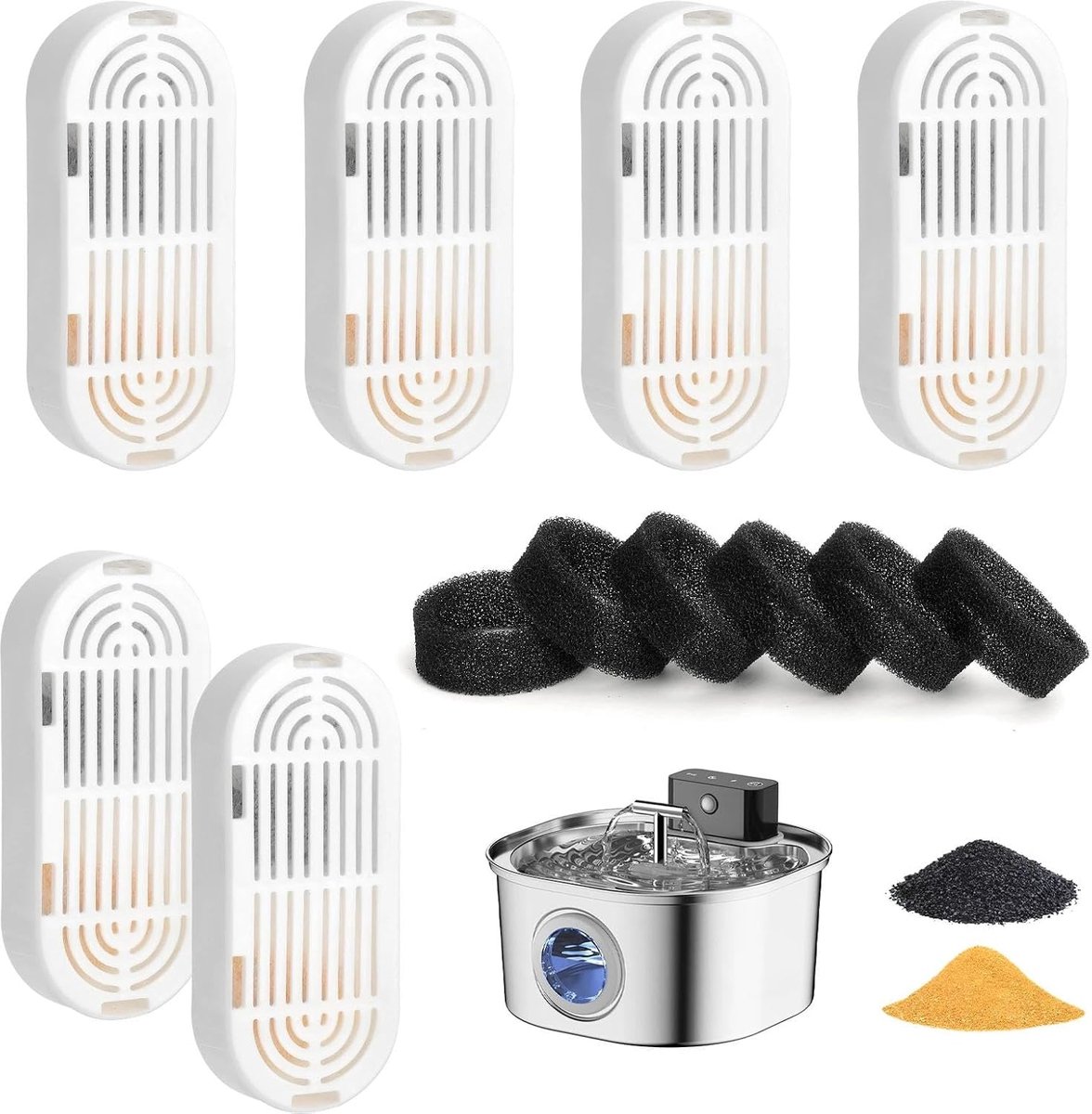 6 stuks kattenfonteinfilters & 6 stuks sponzen filtervervanging voor kattenfontein roestvrij staal, meervoudige filtering met actieve kool en hars - voor katten drinkfontein roestvrij staal filter