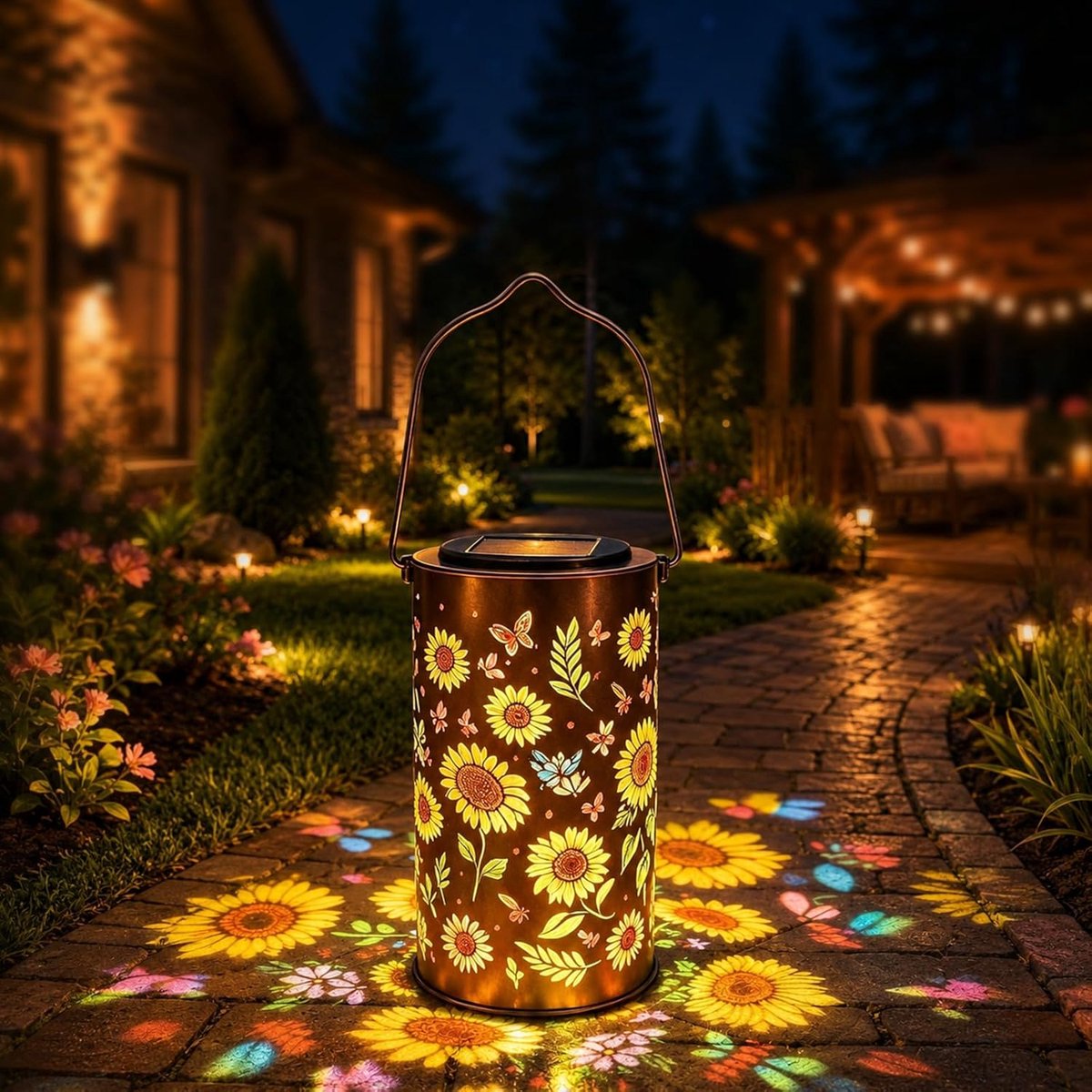 Lantaarn op zonne-energie voor buiten, waterdichte zonnelamp voor buiten, tuin, hangend, metalen lantaarns op zonne-energie met kleurrijke zonnebloemsilhouetten, tuinverlichting op