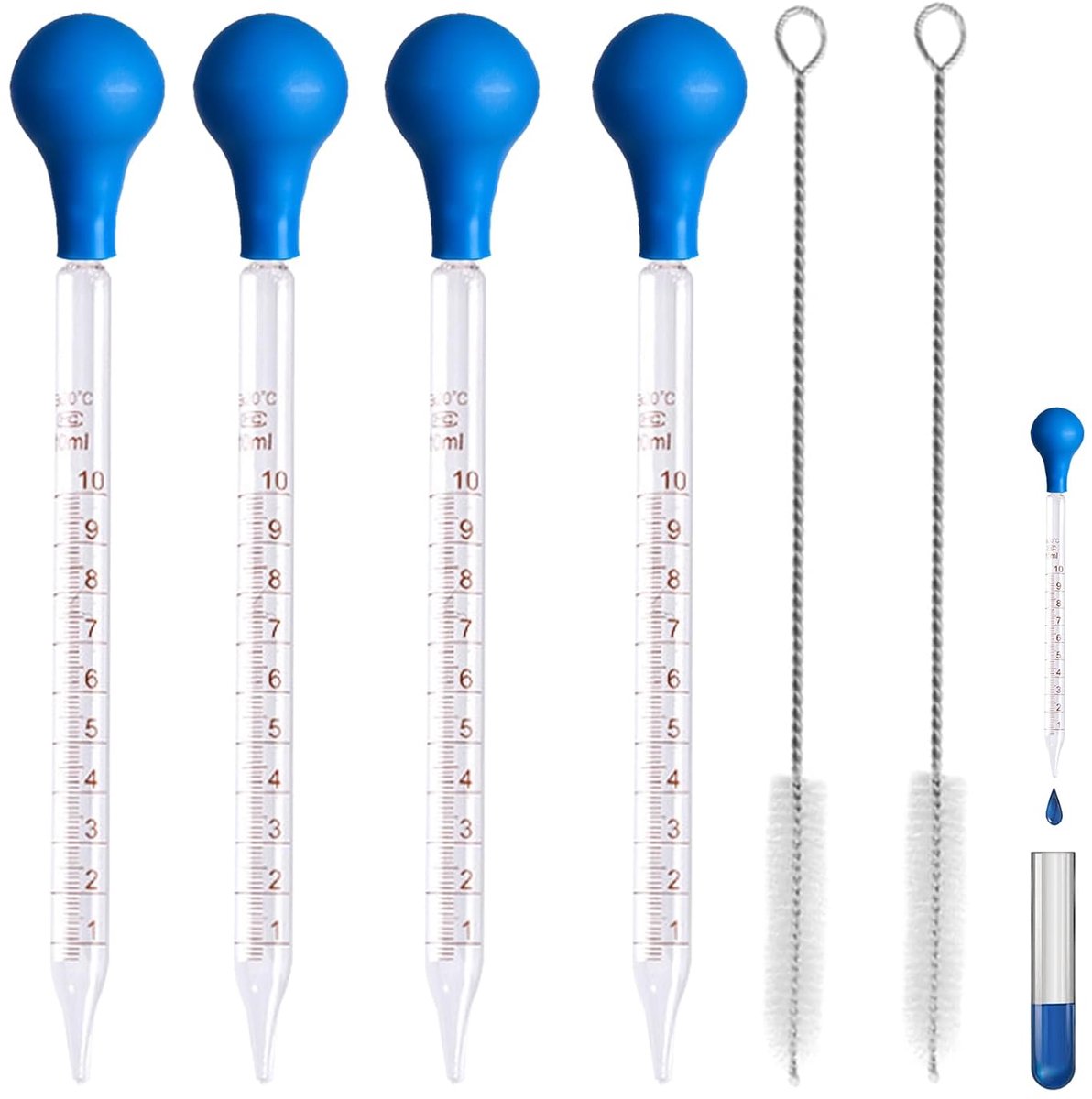 Pipettenset met 4 pipetten van 10 ml, 4 rubberen zuignappen met 2 reinigingsborstels | Pipetten heldere schaal glazen pipet druppelaar voor onderwijsinstellingen laboratorium onderzoek