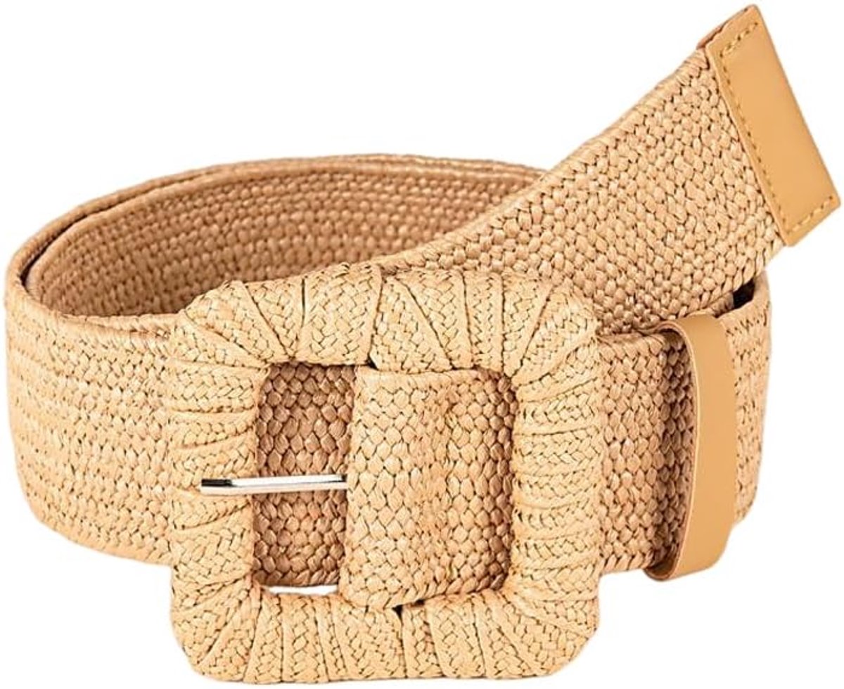 Riem van stro met brede vierkante gesp voor dames, gevlochten rotan, elastisch, stro, gevlochten riem van rotan voor jurk, rok en broek