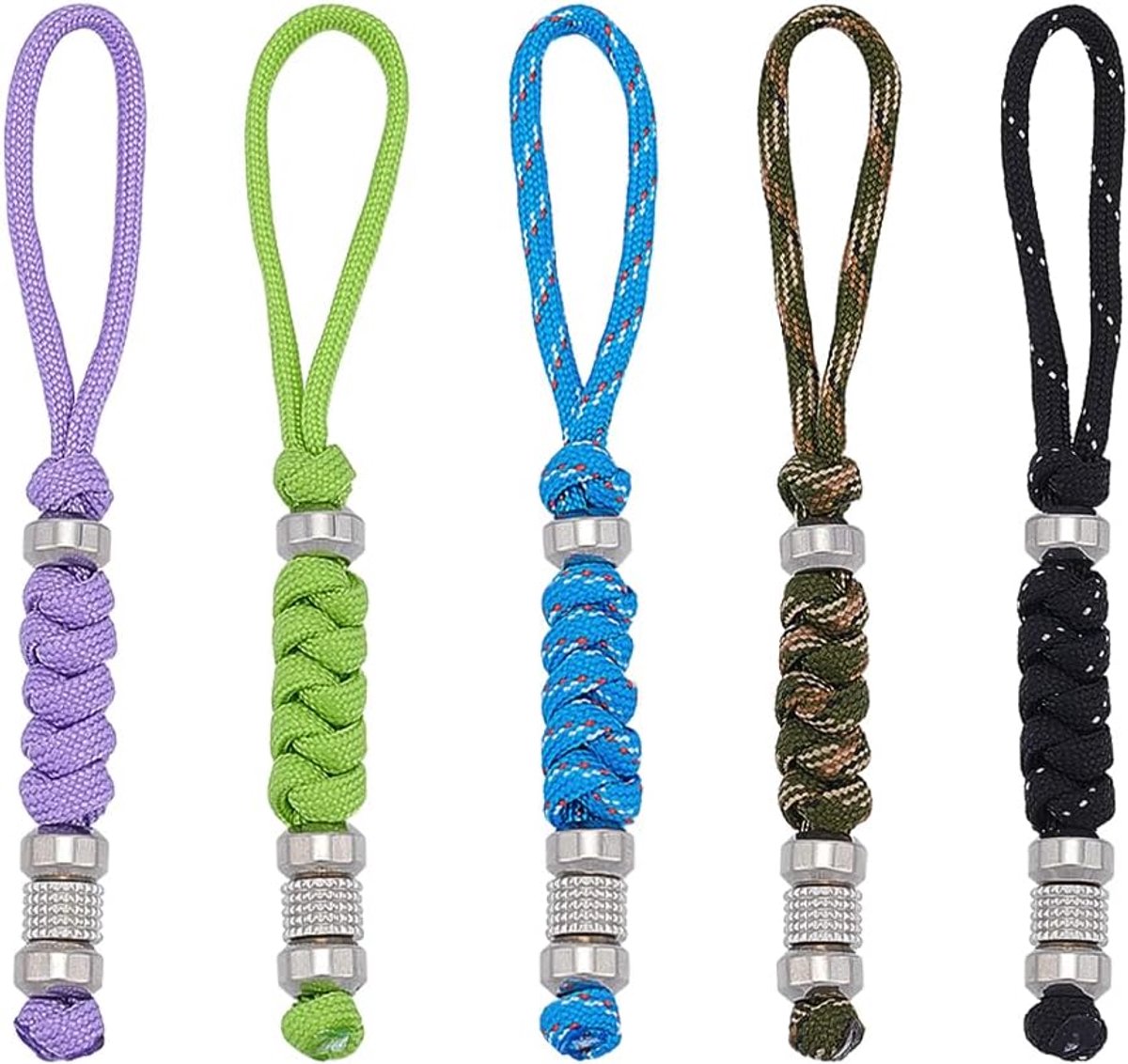 5 stuks messenriemen van kleurrijk paracord met kralen van roestvrij staal, sleutelhangers van gevlochten paracords, voor camping, outdoor, noodgevallen, voor zakmes, gereedschap, EDC