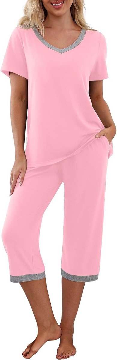 Pyjamaset voor dames, shirt met korte mouwen en driekwartbroek, nachtkleding, pyjamaset met zakken