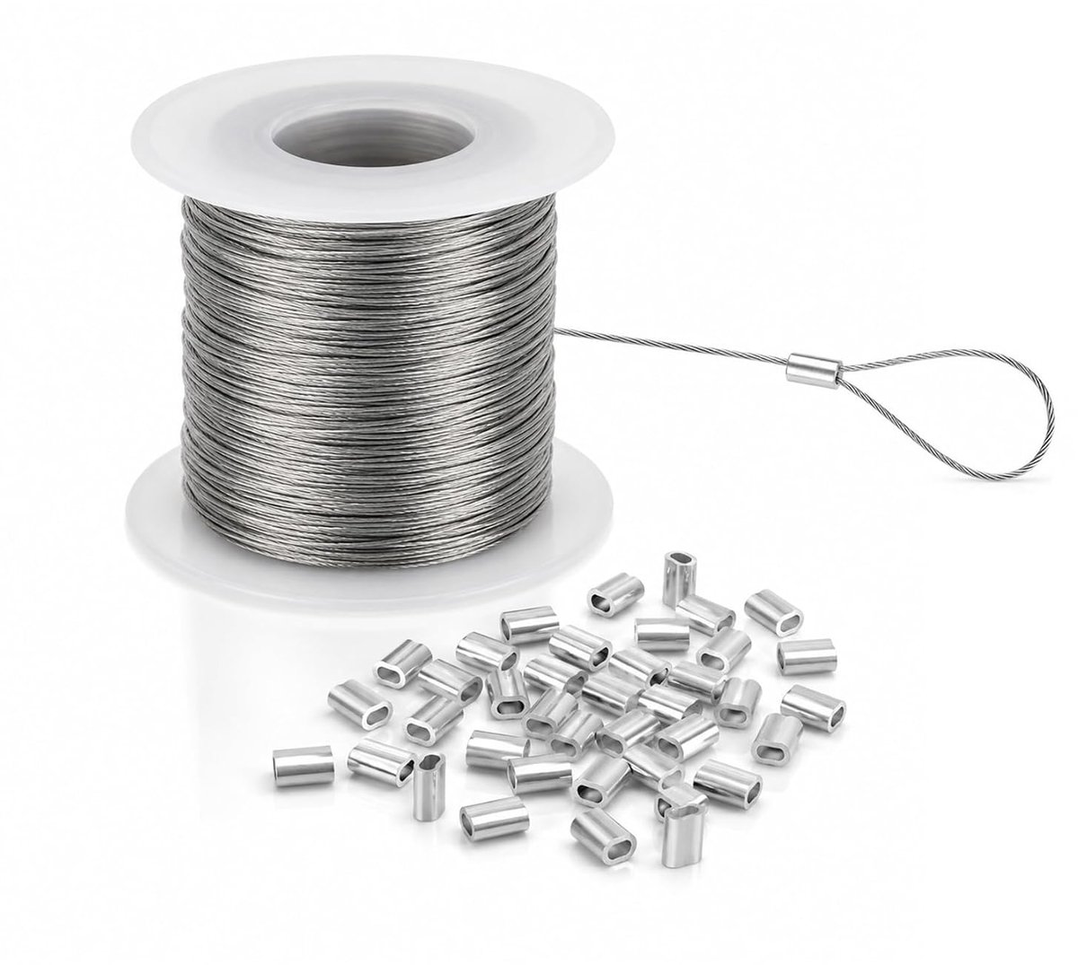 Ophangvoorziening van roestvrij stalen draadkabel, 100 meter x 5,5 mm staalkabel | Geschikt voor fotolijsten, spiegels en voor het ophangen van schilderijen; inclusief 50 aluminium krimpringen.