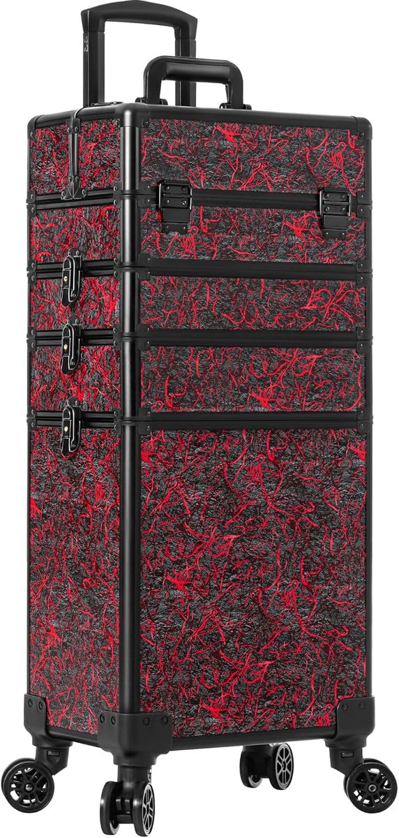 Rollende Make-up Trein Koffer 5-in-1 Cosmetische Trolley Organizer Reisslotbare Salon Kapper Karretje Koffer met Wielen voor Vrouwen Kapster Artiest Reis Nagel, Gravel Paars (Rood)