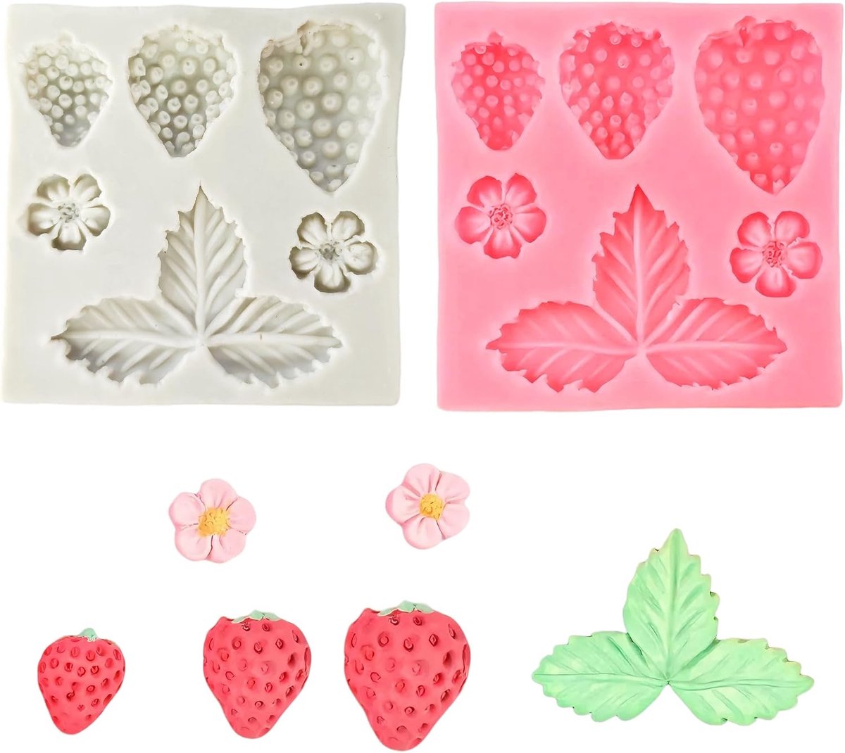 Gietvormen, 2 stuks voor fondant en chocolade, chocoladevorm, siliconen met bloemen, aardbeien en bladeren, siliconen vormen, gietvormen, bloemen voor bakken, kaarsen, doe-het-zelf