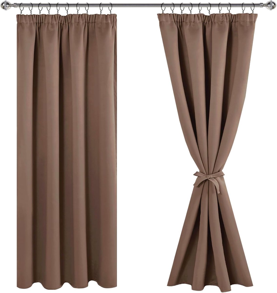 Gordijnen met plooiband, woonkamer verduisteringsgordijnen, ondoorzichtige gordijnen, slaapkamer thermogordijn, kaki, 200 x 140 cm, set van 2