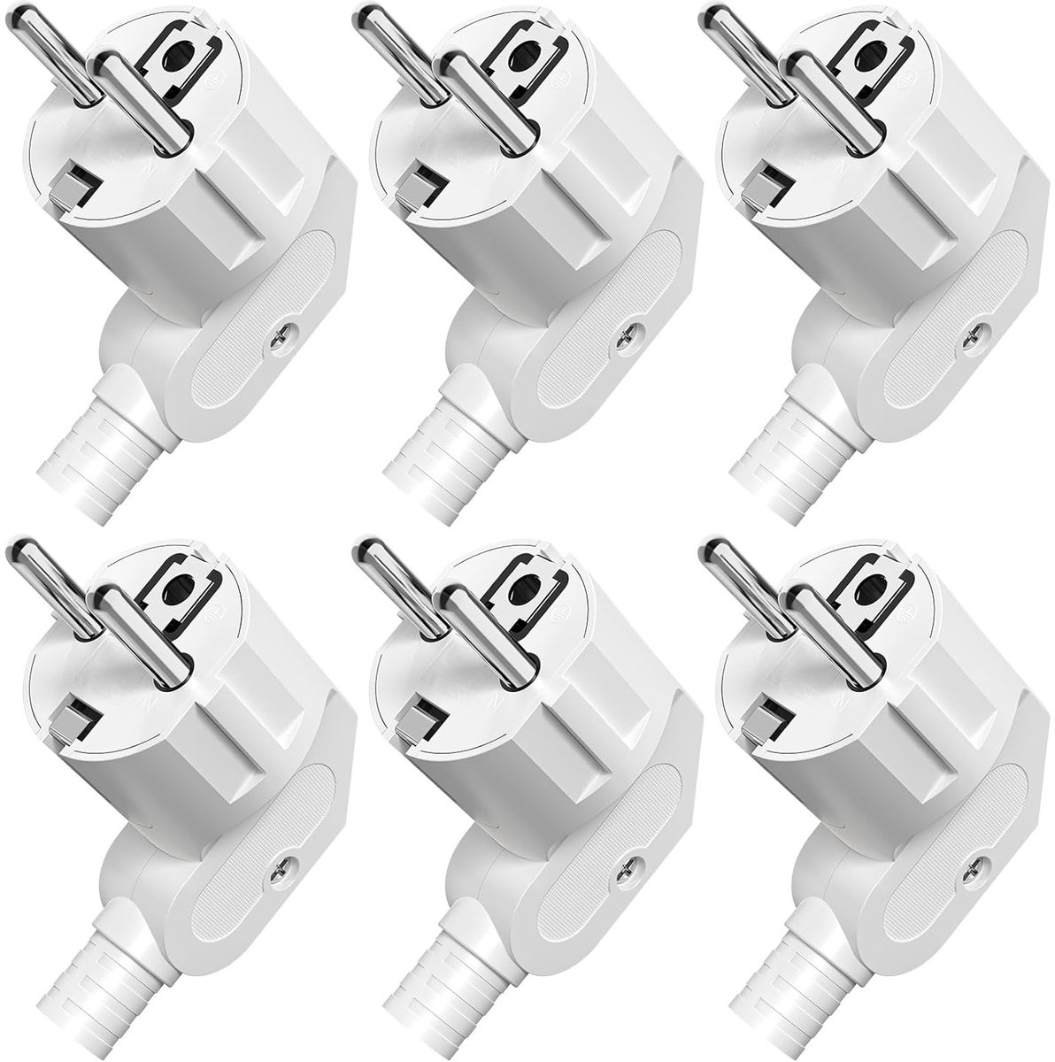 Stekker, hoekstekker, 6 stuks, geaarde stekker met knikbeschermingshuls, stekker 250 V (16 A), PABANCE stroomstekker, hoekstekker, buiten, waterdicht, voor 8-10 mm kabel, wit