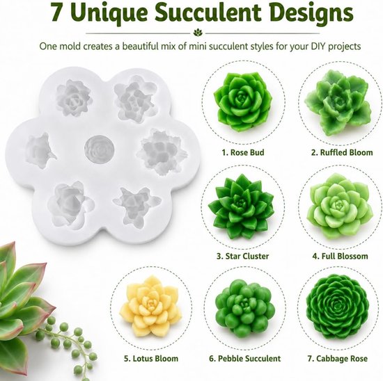 Vorm voor vetplanten, 7-voudige verdieping, kaarsgietvorm van siliconen, 12 x 10,5 cm, gietvorm voor doe-het-zelf aromakaarsen, zeep, chocolade en harsdecoratie — afbeelding 5
