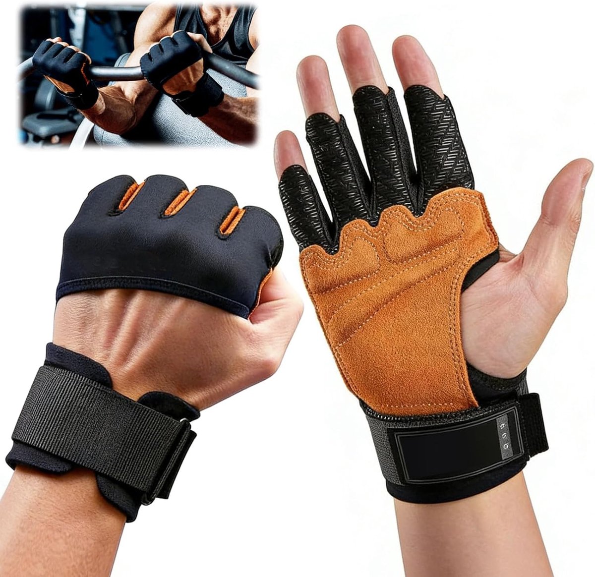 Trainingshandschoenen voor heren, met lederen bekleding en polsondersteuning, fitnesshandschoenen met siliconen handvat en volledige handpalmbescherming voor gewichtheffen, deadlifts