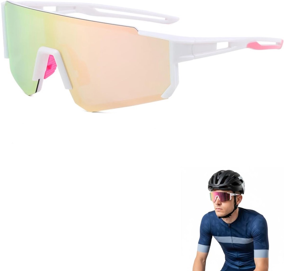 1 x gepolariseerde sportbril UV400, wit frame, roze glazen, reflecterende bescherming voor dames en heren tijdens het fietsen, hardlopen, vissen